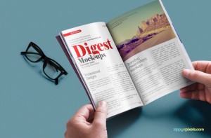 free magazine mockup fre psd in hands with glases